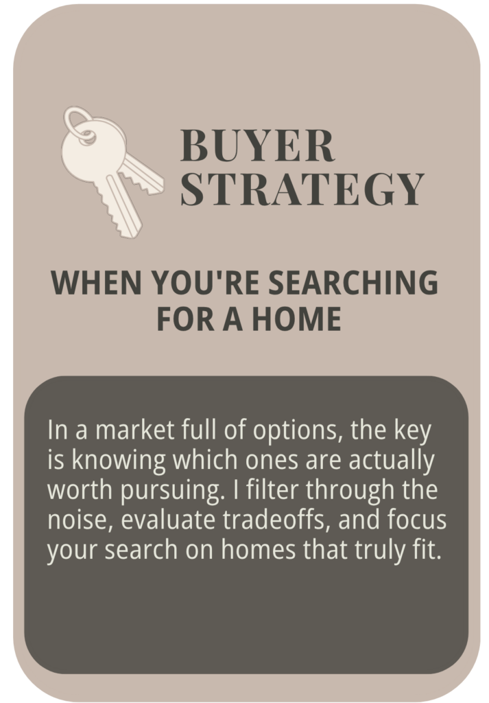 Buyer Strategy — when you're searching for a home. Filtering through the noise to focus your search on homes that truly fit.